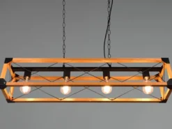 LED Balken Pendelleuchte 4 flammig Schwarz mit Holzbalken, Breite 100cm