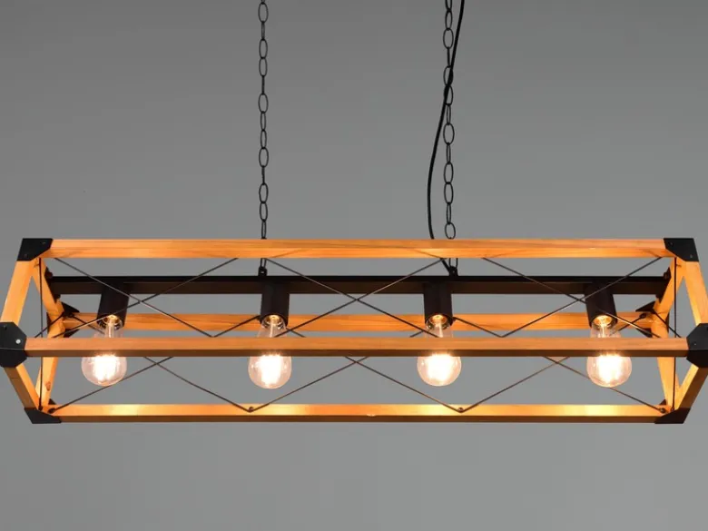 LED Balken Pendelleuchte 4 flammig Schwarz mit Holzbalken, Breite 100cm