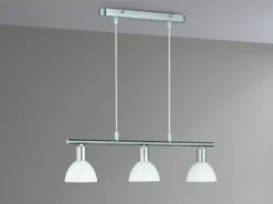 LED Balken Pendelleuchte 3 flammig Lampenschirme Glas Weiß, Breite 61cm