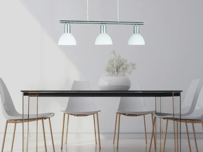 LED Balken Pendelleuchte 3 flammig Lampenschirme Glas Weiß, Breite 61cm