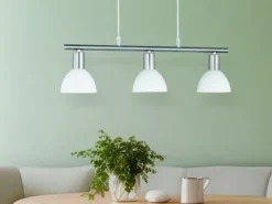 LED Balken Pendelleuchte 3 flammig Lampenschirme Glas Weiß, Breite 61cm