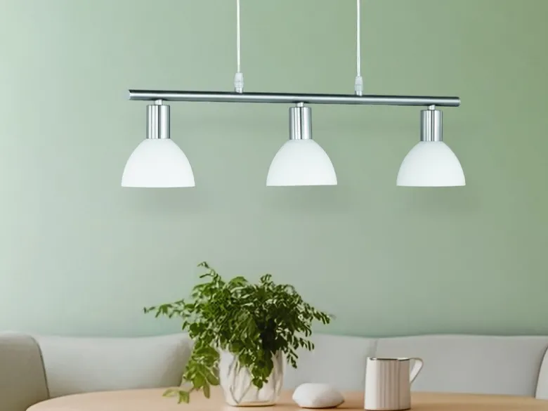 LED Balken Pendelleuchte 3 flammig Lampenschirme Glas Weiß, Breite 61cm