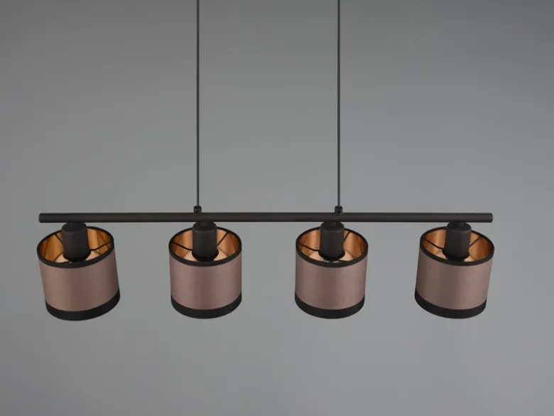 LED Balkenpendelleuchte 4-flammig mit Stoffschirmen in Taupe/Gold, B: 75cm