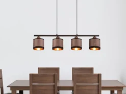 LED Balkenpendelleuchte 4-flammig mit Stoffschirmen in Taupe/Gold, B: 75cm