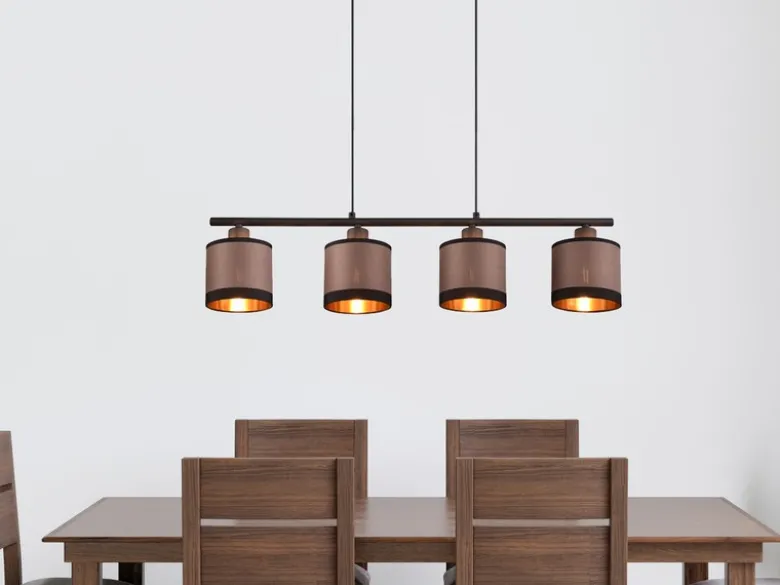 LED Balkenpendelleuchte 4-flammig mit Stoffschirmen in Taupe/Gold, B: 75cm