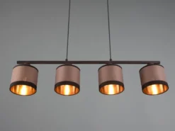 LED Balkenpendelleuchte 4-flammig mit Stoffschirmen in Taupe/Gold, B: 75cm