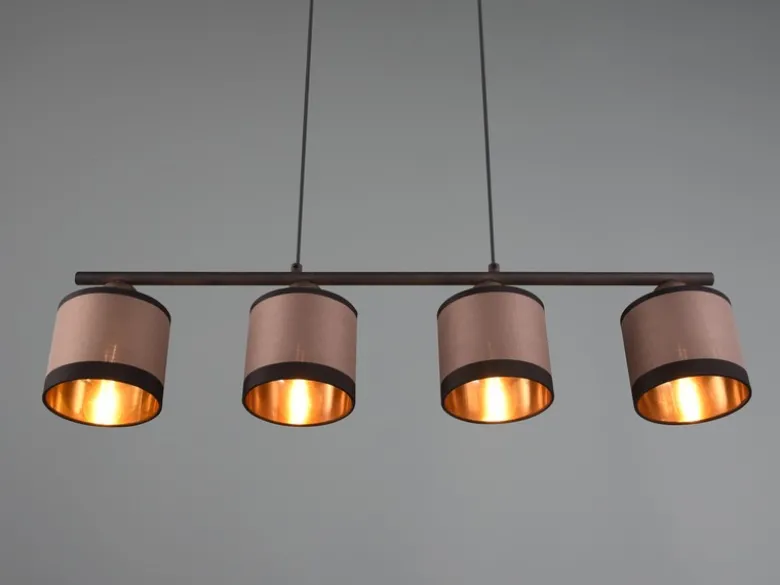 LED Balkenpendelleuchte 4-flammig mit Stoffschirmen in Taupe/Gold, B: 75cm