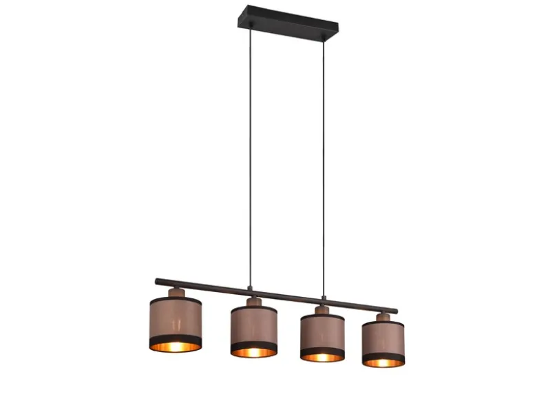 LED Balkenpendelleuchte 4-flammig mit Stoffschirmen in Taupe/Gold, B: 75cm