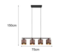 LED Balkenpendelleuchte 4-flammig mit Stoffschirmen in Taupe/Gold, B: 75cm