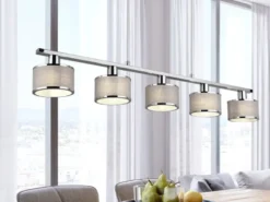LED Balkenpendelleuchte 5-flammig Lampenschirme Stoff Grau, Breite 92cm
