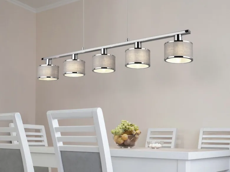 LED Balkenpendelleuchte 5-flammig Lampenschirme Stoff Grau, Breite 92cm