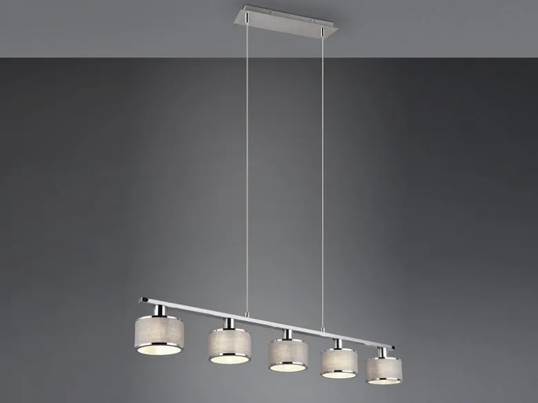 LED Balkenpendelleuchte 5-flammig Lampenschirme Stoff Grau, Breite 92cm