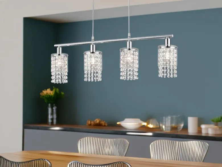 LED Balken Pendelleuchte 4-flammig mit Acryl Kristall Behang, Breite 80cm