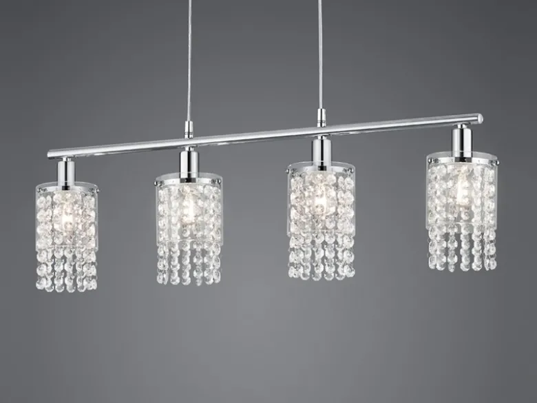 LED Balken Pendelleuchte 4-flammig mit Acryl Kristall Behang, Breite 80cm