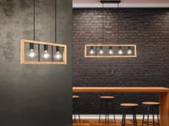 LED Balken Pendelleuchte 3 flammig Schwarz mit Holzbalken, Breite 60cm