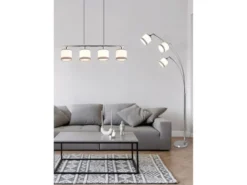 LED Balkenpendelleuchte 4-flammig mit Stoffschirmen in Weiß/Grau, Breite 75cm