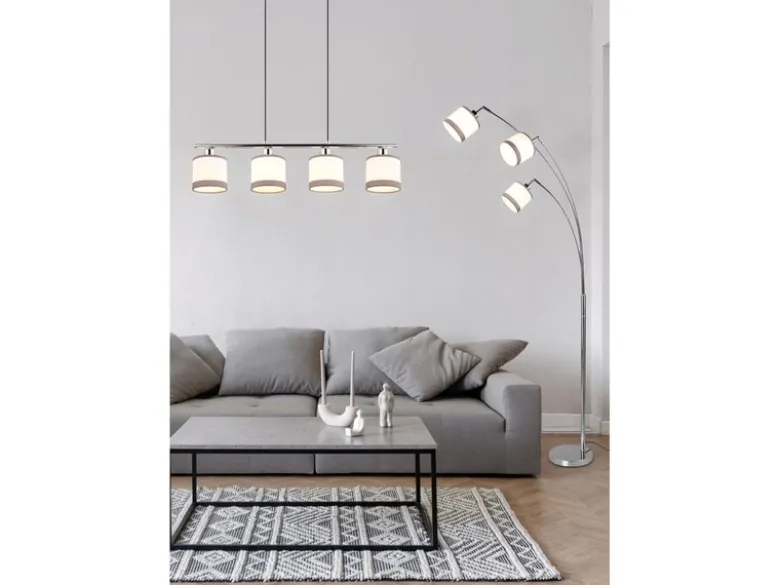 LED Balkenpendelleuchte 4-flammig mit Stoffschirmen in Weiß/Grau, Breite 75cm