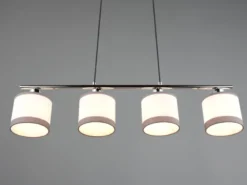 LED Balkenpendelleuchte 4-flammig mit Stoffschirmen in Weiß/Grau, Breite 75cm