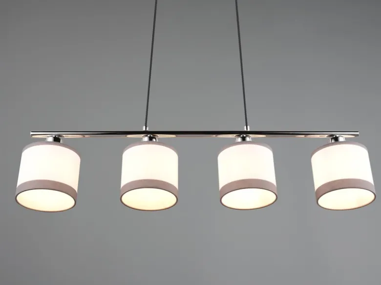 LED Balkenpendelleuchte 4-flammig mit Stoffschirmen in Weiß/Grau, Breite 75cm