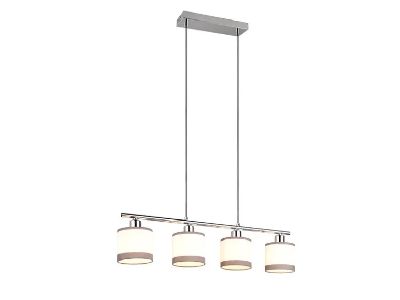 LED Balkenpendelleuchte 4-flammig mit Stoffschirmen in Weiß/Grau, Breite 75cm