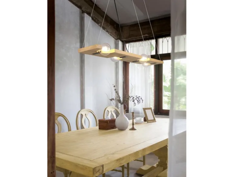 LED Balken Pendelleuchte 4 flammig Holzbrett naturbelassen, Breite 115cm