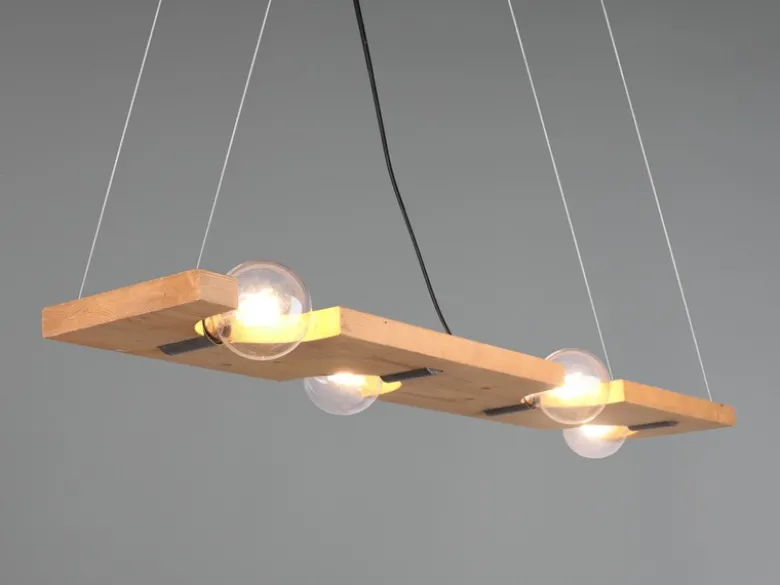 LED Balken Pendelleuchte 4 flammig Holzbrett naturbelassen, Breite 115cm