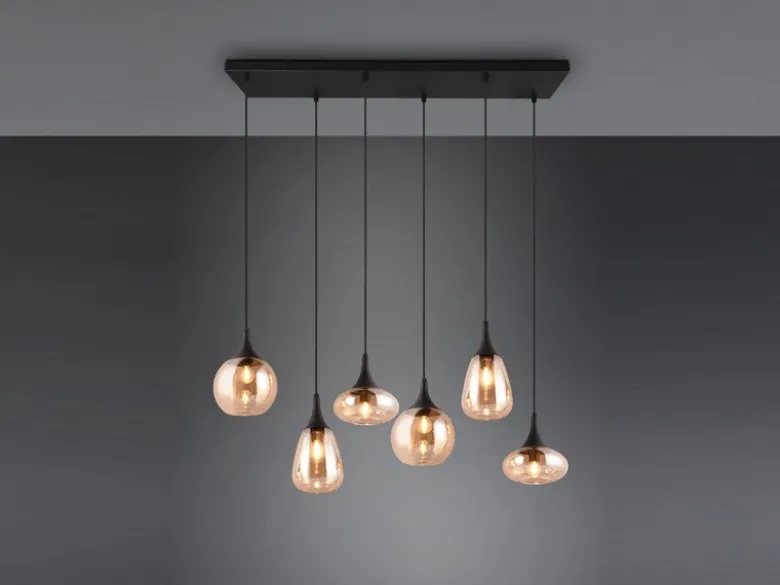 LED Balkenpendelleuchte 6-flammig, Glasschirme amberfarbig, Breite 93cm