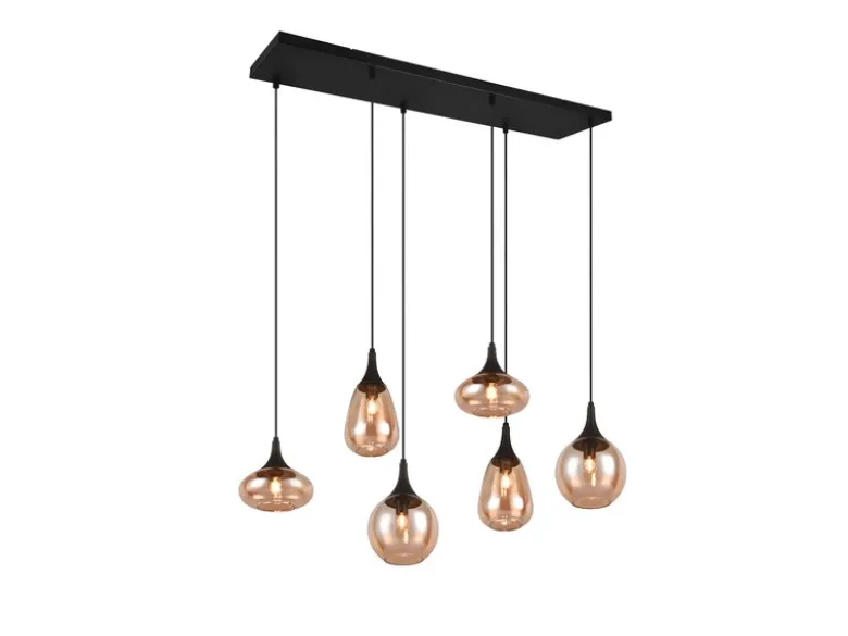 LED Balkenpendelleuchte 6-flammig, Glasschirme amberfarbig, Breite 93cm