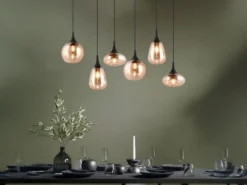 LED Balkenpendelleuchte 6-flammig, Glasschirme amberfarbig, Breite 93cm