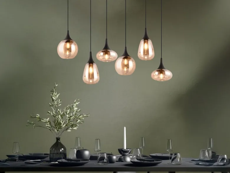 LED Balkenpendelleuchte 6-flammig, Glasschirme amberfarbig, Breite 93cm
