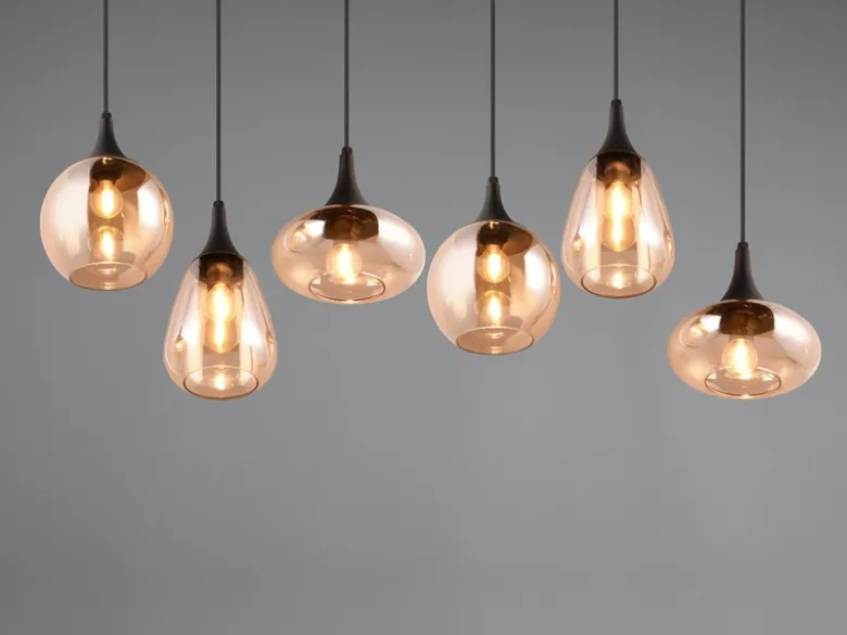 LED Balkenpendelleuchte 6-flammig, Glasschirme amberfarbig, Breite 93cm