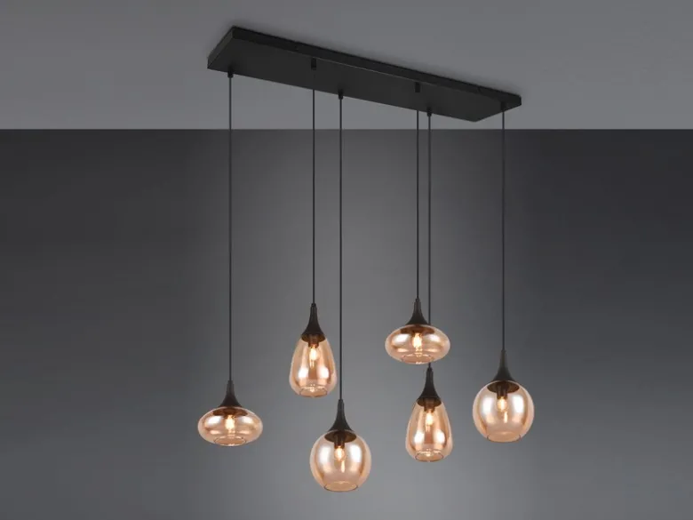 LED Balkenpendelleuchte 6-flammig, Glasschirme amberfarbig, Breite 93cm