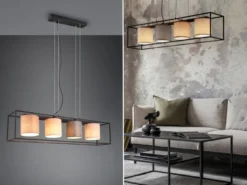 LED Balkenpendelleuchte mit vier Stoffschirmen, Breite 100cm
