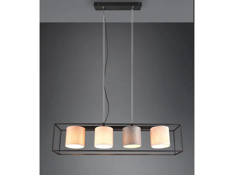 LED Balkenpendelleuchte mit vier Stoffschirmen, Breite 100cm