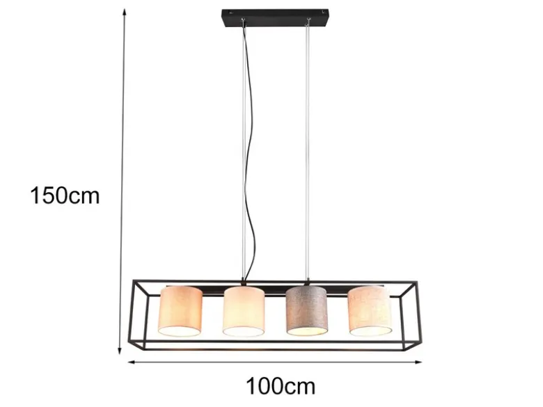LED Balkenpendelleuchte mit vier Stoffschirmen, Breite 100cm
