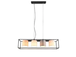 LED Balkenpendelleuchte mit vier Stoffschirmen, Breite 100cm