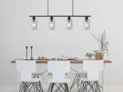 LED Balkenpendelleuchte mit 4 Rauchglas Lampenschirmen, Breite 98cm