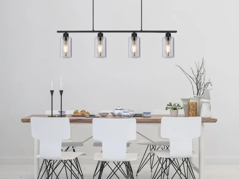 LED Balkenpendelleuchte mit 4 Rauchglas Lampenschirmen, Breite 98cm