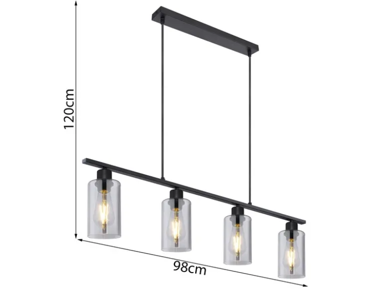 LED Balkenpendelleuchte mit 4 Rauchglas Lampenschirmen, Breite 98cm