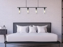 LED Balkenpendelleuchte mit 4 Rauchglas Lampenschirmen, Breite 98cm