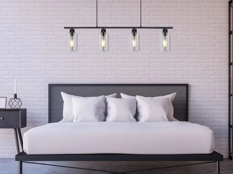 LED Balkenpendelleuchte mit 4 Rauchglas Lampenschirmen, Breite 98cm