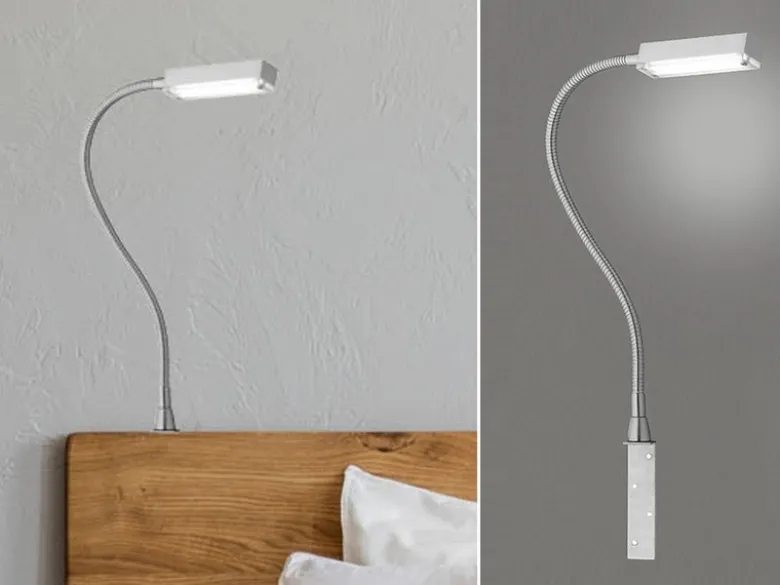 LED Bettlampe RAIK Silber zum Anschrauben, mit Stecker, dimmbar, Breite 3cm