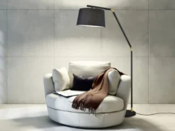 LED Bogenleuchte Metall Schwarz Gold mit Stoffschirm Schwarz, Höhe 175cm