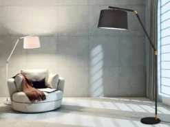 LED Bogenleuchte Metall Schwarz Gold mit Stoffschirm Schwarz, Höhe 175cm