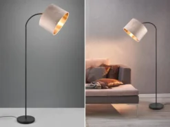 LED Bogenleuchte mit Samt Lampenschirm Beige Gold, Höhe 156cm