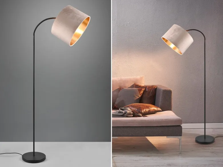 LED Bogenleuchte mit Samt Lampenschirm Beige Gold, Höhe 156cm