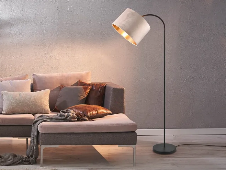 LED Bogenleuchte mit Samt Lampenschirm Beige Gold, Höhe 156cm