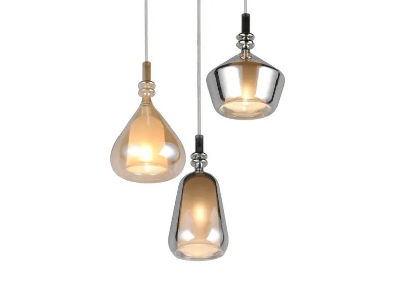 LED Cluster Pendelleuchte 3-flammig Glas Bernstein & Chrom verspiegelt, Ø 35cm