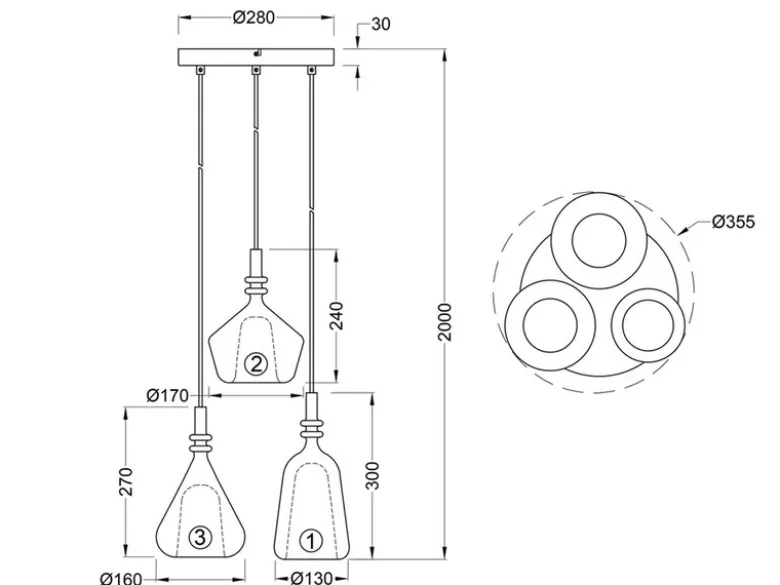 LED Cluster Pendelleuchte 3-flammig Glas Bernstein & Chrom verspiegelt, Ø 35cm