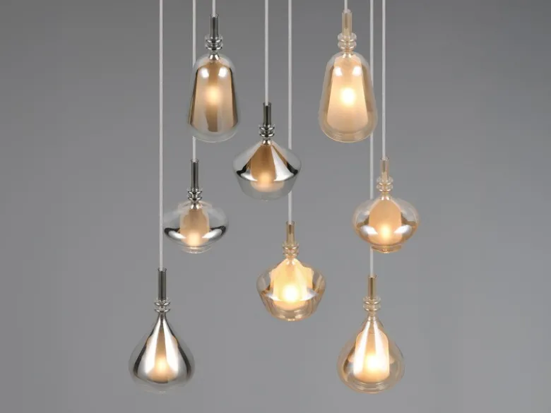 LED Cluster Pendelleuchte 8-flammig Glas Bernstein & Chrom verspiegelt, Ø 72cm